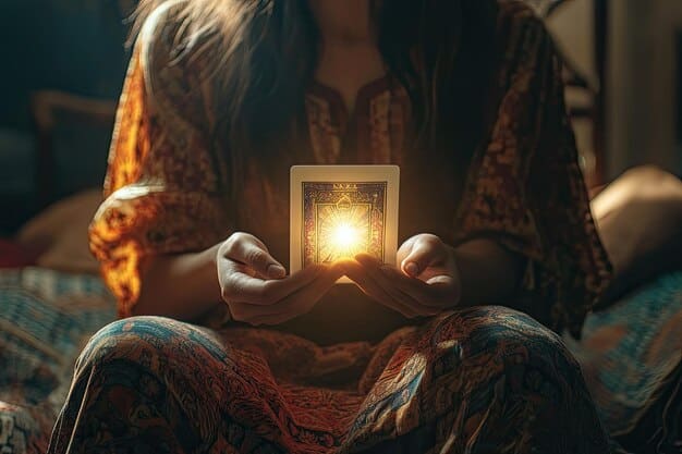 A person meditating with a Thoth Tarot card placed in front of them. The image will convey a sense of focus, introspection, and connection to the spiritual realm.