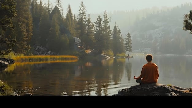 A person meditating in a serene natural setting, possibly near a forest or a lake. The image conveys a sense of peace, mindfulness, and connection with nature, illustrating the principles of The Kybalion for American Spiritual Seekers in 2025.