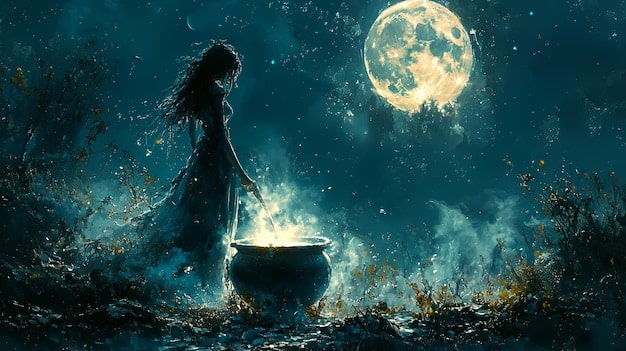 A serene illustration of an American witch performing a ritual outdoors under the moonlight, with several ethereal angels surrounding her. The scene incorporates traditional witchcraft elements like herbs, candles, and a chalice.