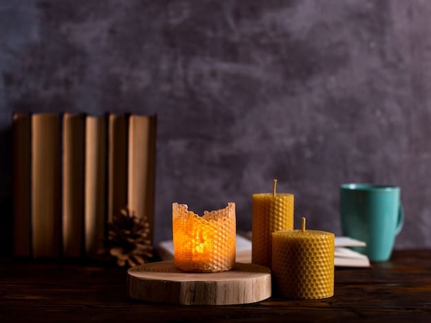A brightly lit yellow candle sits on a desk surrounded by books, notebooks, and a pen. The light from the candle illuminates the workspace, suggesting focus and clarity. The scene conveys a sense of intellectual pursuit and the power of yellow candles in enhancing mental capabilities, to Discover the Power of Candle Magic: 7 Colors and Their Specific Intentions for Manifestation.