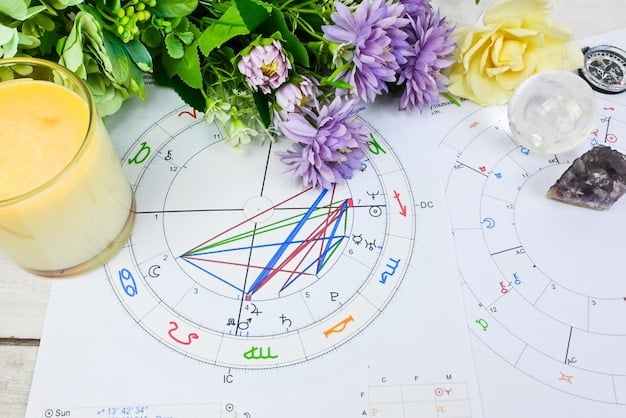 A photograph depicting a set of astrological charts with planetary symbols, alongside various crystals and dried herbs, arranged on a wooden table. Soft, natural light illuminates the scene, highlighting the connection between astrology, crystals, and herbalism for spellcasting in 2025.