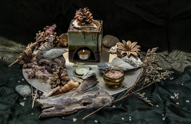 A close-up photograph showcasing a witch's altar adorned with various crystals, herbs, and planetary symbols. The scene is dimly lit with candlelight, casting a warm glow on the magical tools and creating a serene and mystical atmosphere.