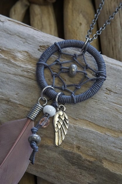 A close-up shot of a completed protection amulet hanging on a delicate silver chain. The amulet is made of a small quartz crystal wrapped with copper wire and adorned with small protective symbols. Soft lighting emphasizes the intricate details and the sense of personal power it embodies for those crafting your own protection amulet: a beginner's guide to warding off negative energy.