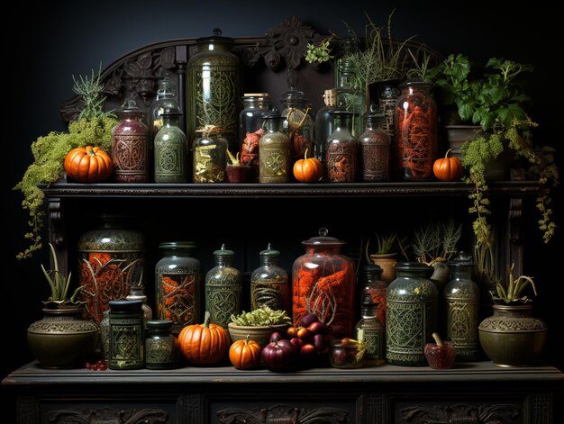 A detailed image of a witch's apothecary cabinet, filled with glass jars containing various dried herbs, alongside mortar and pestle sets, spell candles, and handwritten labels, illustrating the traditional tools and ingredients of herbal witchcraft and The Witch's Guide to Herbalism: 5 Essential Herbs for Healing and Spellwork.