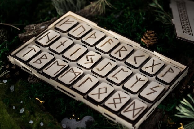 A set of Norse runes laid out on a wooden table: Each rune is distinct in shape, showing the ancient characters clearly. The layout suggest a divination process.