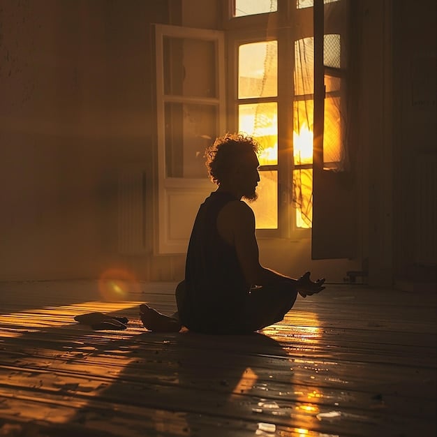 A serene image of a person sitting in meditation under the faint light of the new moon. Candles flicker around them, casting soft shadows, and several crystals are placed on a mat. They are holding a notebook, writing down their intentions.