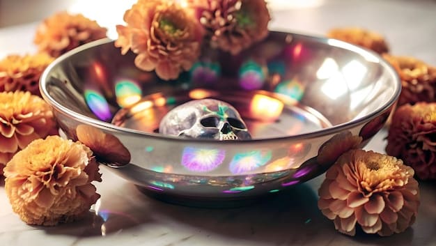 A close-up of an altar with various tools such as tarot cards, herbs, and a chalice, arranged in a aesthetically pleasing and intentional manner, symbolizing creating a sacred space.