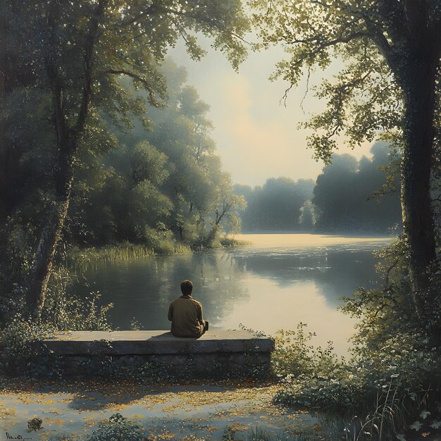A serene image depicting a person meditating in a natural setting, with a sigil drawn in the sand in front of them. The person is surrounded by lush greenery and the sound of a flowing stream. The image evokes a sense of peace, focus, and the ethical use of The Power of Sigils: Designing and Activating Symbols for Manifestation and Transformation.