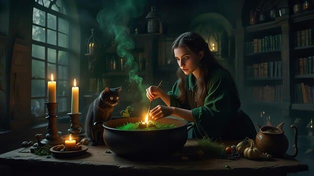 A digital image depicting a witch thoughtfully writing in a spellbook, surrounded by candles, herbs, and crystals. The scene emphasizes the careful planning and ethical considerations involved in responsible spellcasting, in line with Ethical Witchcraft: Understanding the Wiccan Rede and Responsible Spellcasting.