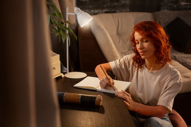 A person sitting in a quiet room, journaling with a pen in hand, while soft candlelight illuminates their face. The scene captures a moment of introspection and focused attention, symbolizing the act of connecting with spirit guides through journaling. Soft, subtle energy lines can be added around the person to represent spiritual connection.