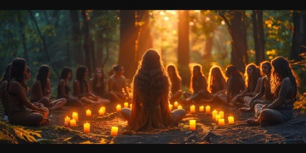 A group of people gathered in a forest clearing, performing a Wiccan ritual around a bonfire. They are dressed in robes, holding hands, and appear to be chanting. The scene captures the sense of community and connection that is central to Wiccan practices. The image could well represent exploring different paths in witchcraft: Wicca, Traditional Witchcraft, and Eclectic Practices.