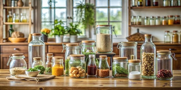 A brightly lit kitchen counter featuring various spices in glass jars. Each jar has a handwritten label indicating the spice (e.g., cinnamon, cloves, rosemary). Behind the spice jars, there are small potted herbs, such as basil and mint. The overall scene suggests a well-organized and intentional kitchen space, ready for kitchen witchery. Emphasis should be given to Kitchen Witchery: Infusing Your Cooking with Magic and Intention in the description.