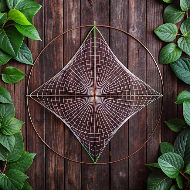 An overhead view of a completed crystal grid on a circular wooden board, arranged in the Flower of Life pattern, featuring various colorful crystals such as lapis lazuli, carnelian, and jade, demonstrating the combination of different crystal energies for manifestation purposes and emphasizing the geometric precision of the grid.