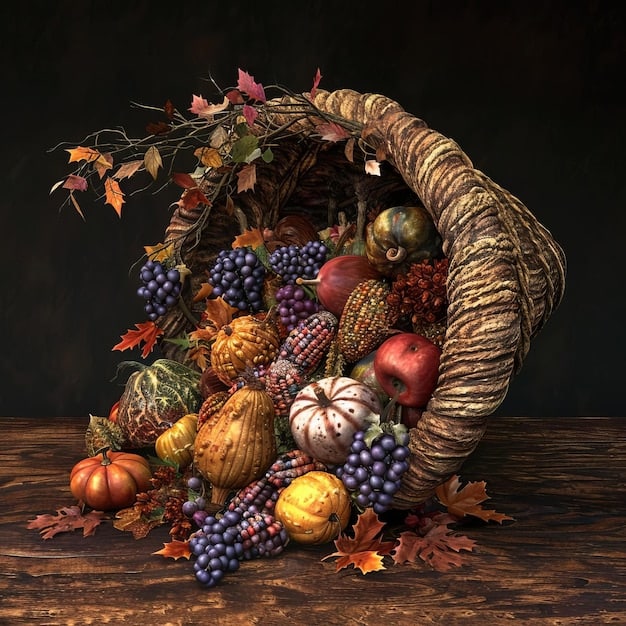 A Wiccan altar decorated for Mabon, featuring a cornucopia filled with harvest vegetables and fruits, autumn leaves, acorns, and candles. The phrase 'Celebrating the Sabbats: Honoring the Wheel of the Year and Seasonal Energies' is subtly visible on a small scroll.