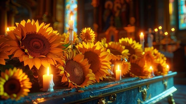A brightly lit altar dedicated to a sun god with offerings of sunflowers, golden candles, and citrine crystals. The altar is positioned near a window, allowing natural sunlight to illuminate the space, reflecting the god's radiant energy and enhancing the atmosphere for honoring gods and goddesses.