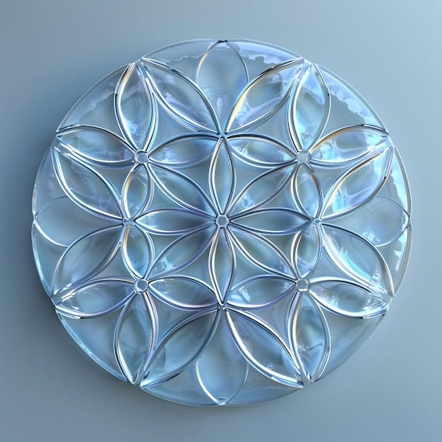 A bird's-eye view of a crystal grid in the shape of a Flower of Life, placed on a dark surface. Each intersection of the design features a small, polished gemstone, with a larger clear quartz point at the center. The lighting is focused, highlighting the symmetry and precision of the geometric pattern, emphasizing potential for crystal grids: unlock powerful manifestation with these expert layouts.