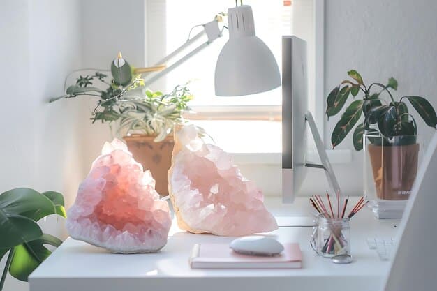 A serene workspace with a clear quartz crystal cluster on a desk, surrounded by plants and soft lighting. The focus is on the cluster radiating positive energy and promoting a harmonious environment, illustrating the practical uses of crystal clusters for enhancing well-being in line with How to Choose the Right Crystal Shape for Maximum Healing in 2025.