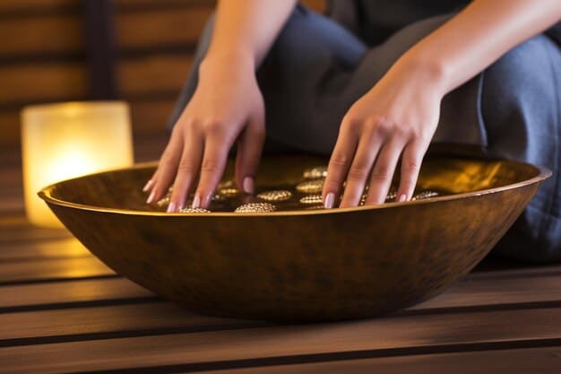 A person holding crystals with their eyes closed in a meditative state, with a singing bowl placed nearby. Soft lighting and a peaceful background enhance the sense of tranquility.