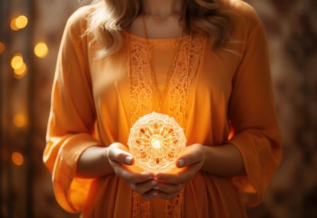 A woman meditating with a citrine crystal placed on her solar plexus, hands resting gently, capturing the essence of 'Wearing Crystals: Maximize Their Benefits with These Placement Tips' for emotional balance.
