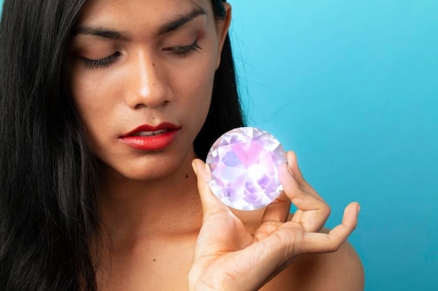 A person holding a smooth, palm-sized amethyst crystal against their forehead. The background is softly blurred, suggesting a calm and peaceful environment. The image focuses on the hand and the crystal, emphasizing the connection between the individual and the healing stone in the context of Crystal Healing for Pain Relief: Which Crystals Work Best and How to Apply Them.