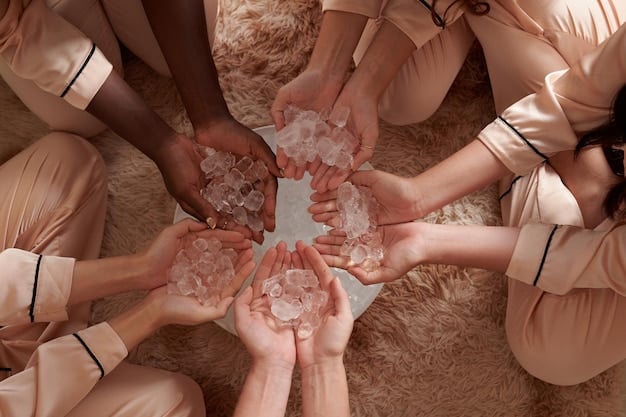 A medium shot of a couple holding hands, with a rose quartz crystal resting on their joined hands, symbolizing love and partnership. Soft, natural lighting enhances the romantic feel.